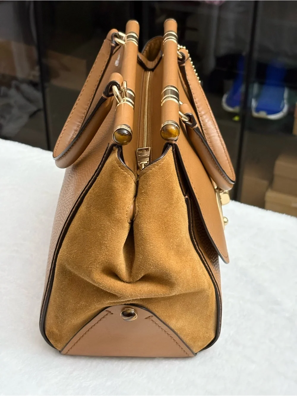 COACH DRIFTER LEATHER & SUEDE SATCHEL HANDBAG- Saddle & Camel- Turn Lock